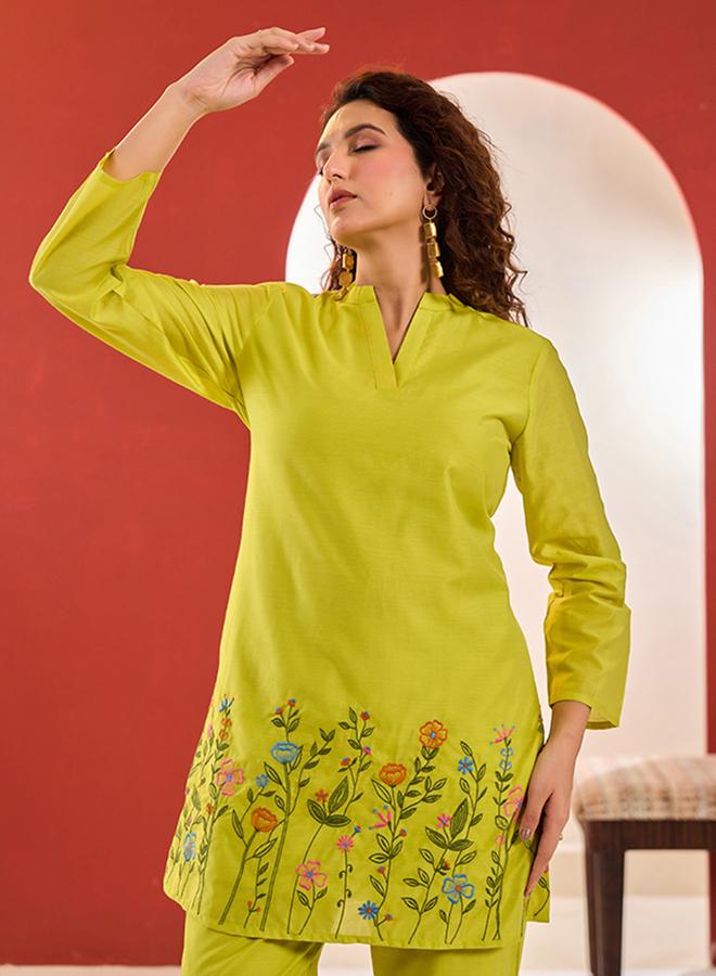 KASYA Lime Green Viscose Chanderi Embroidered Co-ord Set - Image 3